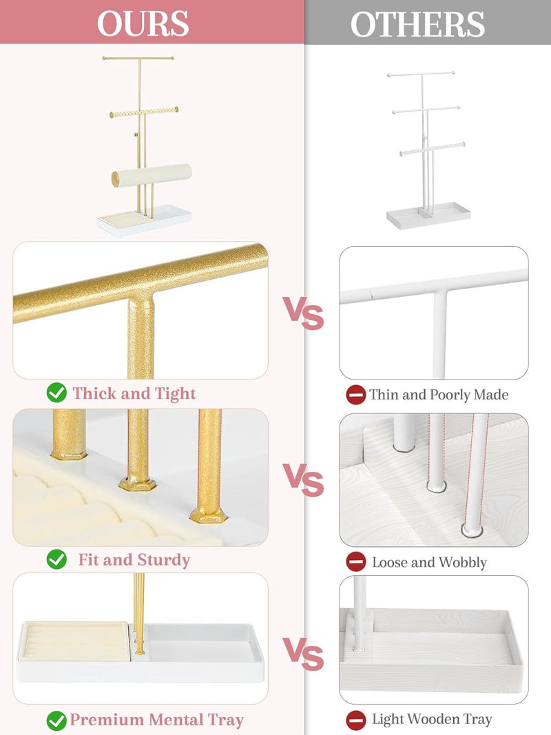 Jenseits 3-Tier Jewelry Holder Organizer:17.1" Adjustable Hanger, Velvet Ring Tray, Metal Aesthetic Display Stand for Necklaces, Earrings, Bracelets, Watches, Gold Jewelry Storage Tower Tree for Women - Image 3